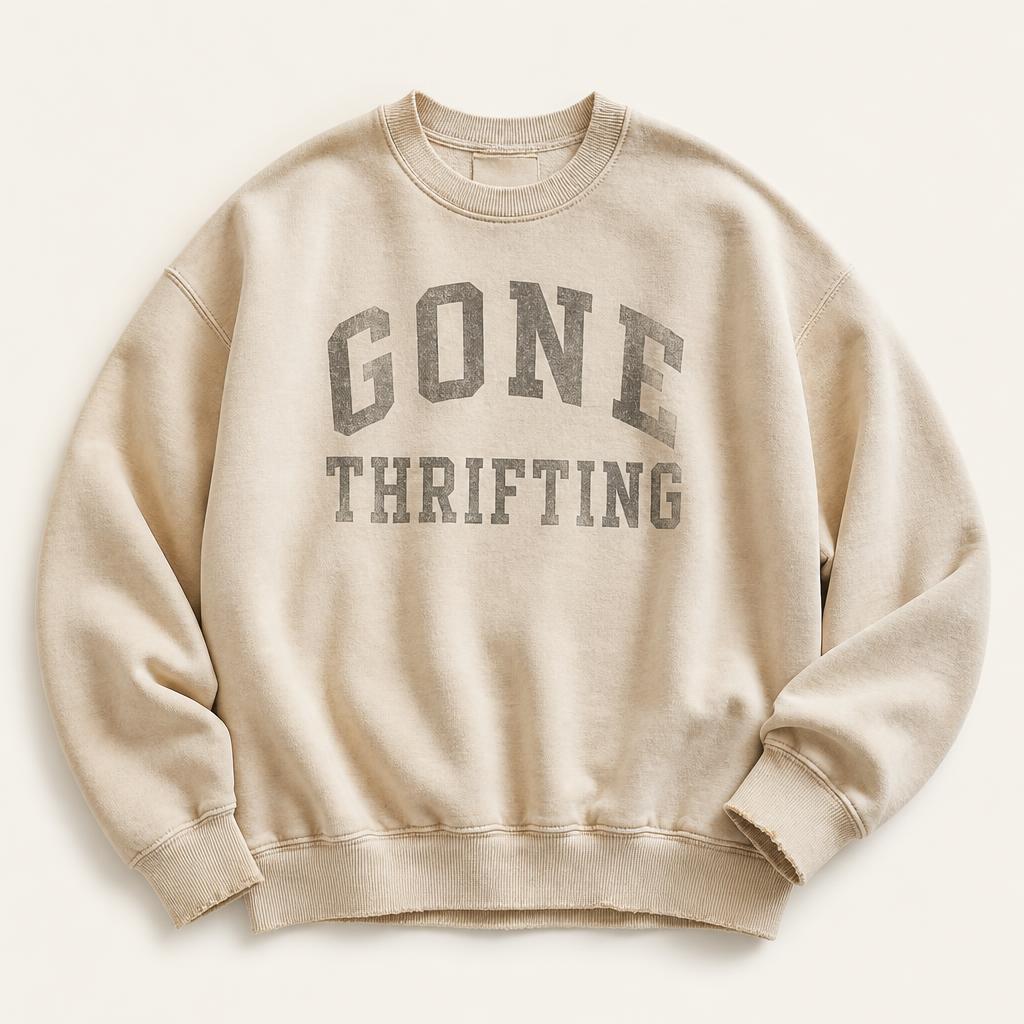 Oat Washed Crewneck with Gone Thrifting varsity lettering