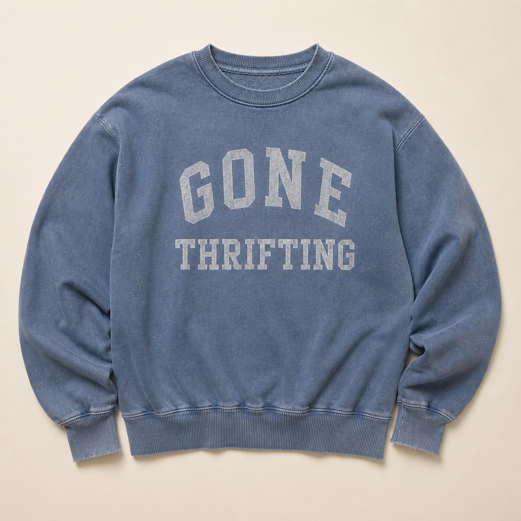 Denim Washed Crewneck with Gone Thrifting varsity lettering