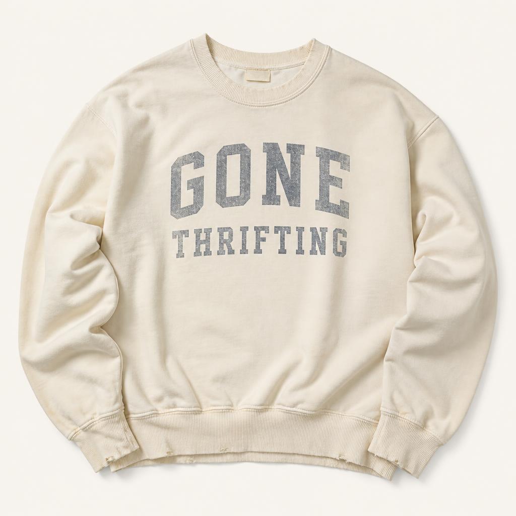 White Washed Crewneck with Gone Thrifting varsity lettering