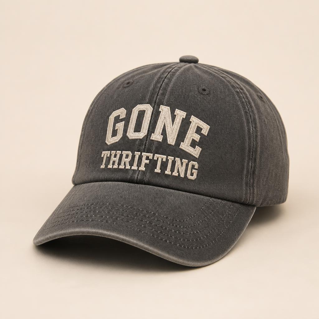 Charcoal Washed Dad Cap with Gone Thrifting varsity lettering