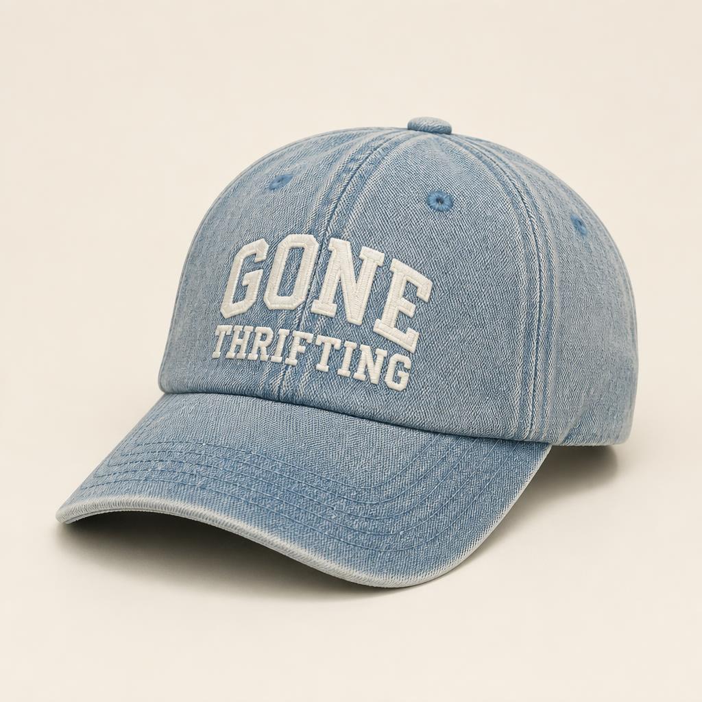 Denim Washed Dad Cap with Gone Thrifting varsity lettering