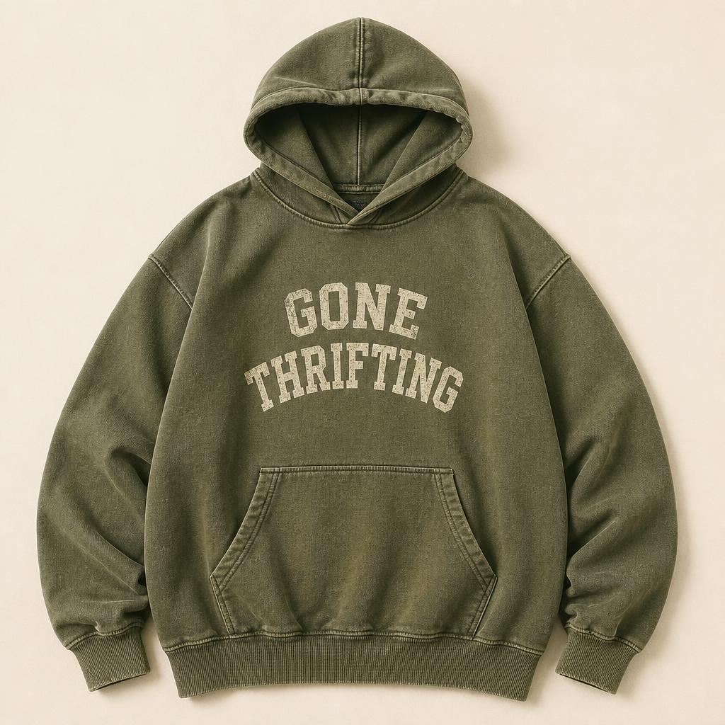 Washed Olive Washed Oversized Hoodie with Gone Thrifting varsity lettering