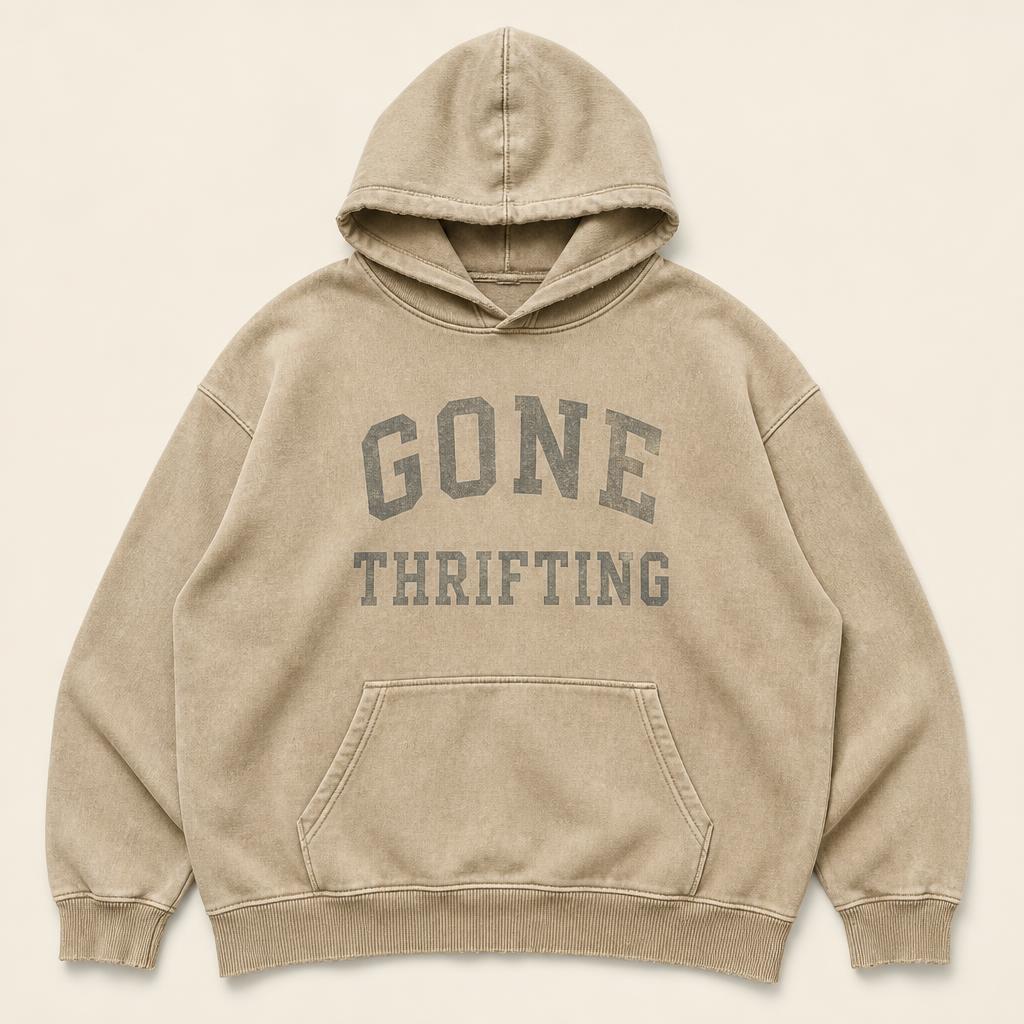 Beige Washed Oversized Hoodie with Gone Thrifting varsity lettering