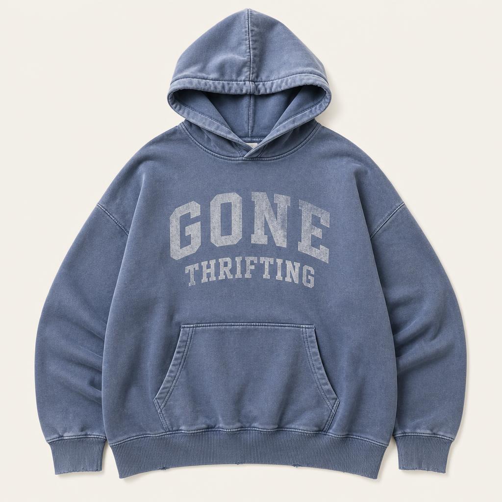 Denim Washed Oversized Hoodie with Gone Thrifting varsity lettering