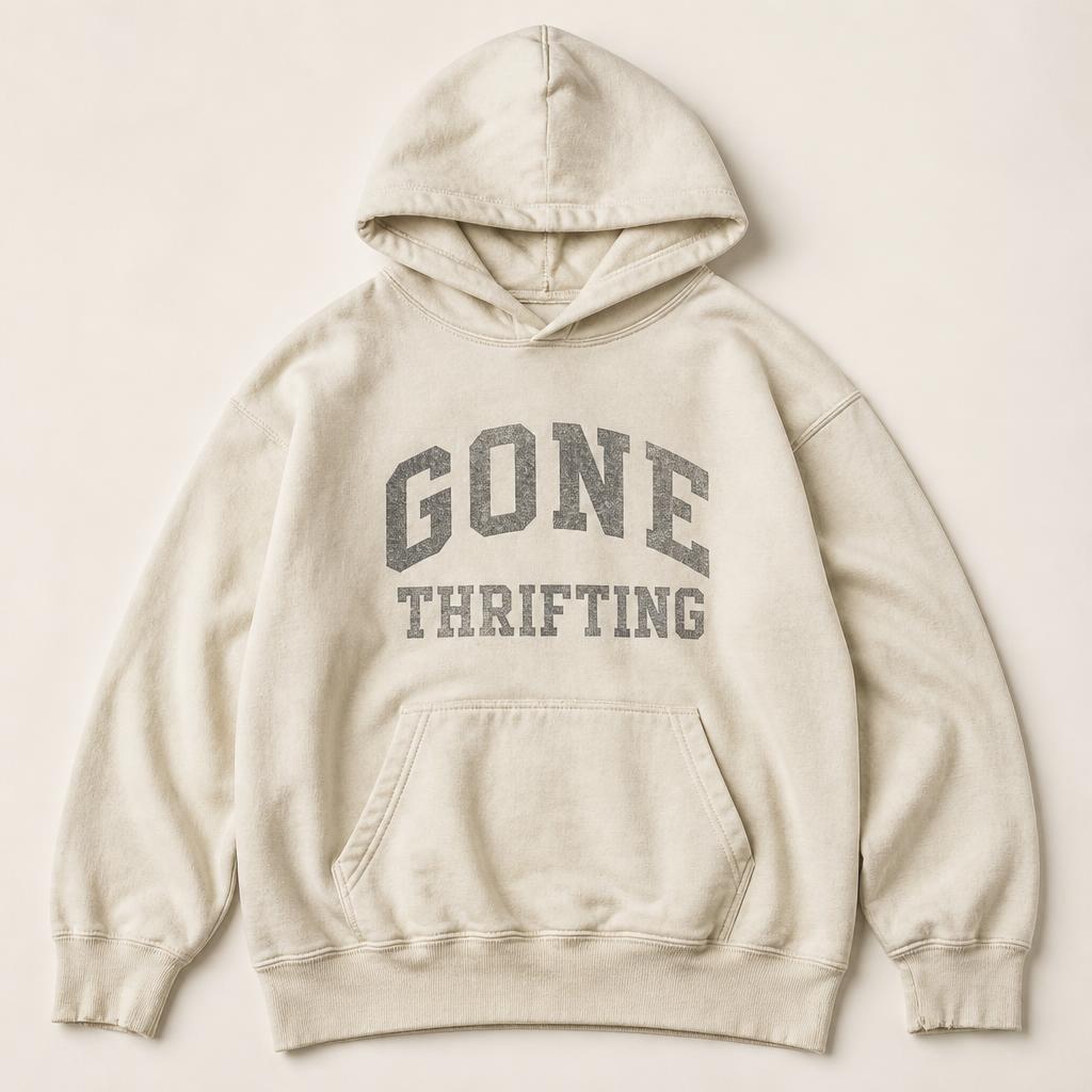 White Washed Oversized Hoodie with Gone Thrifting varsity lettering