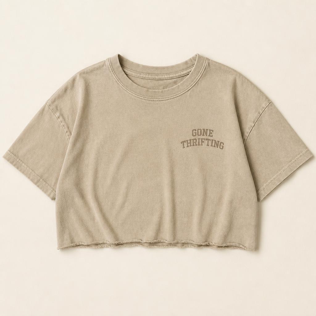 Beige Washed Cropped Tee with Gone Thrifting varsity lettering