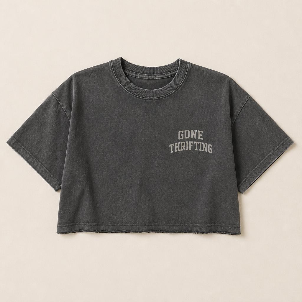 Charcoal Washed Cropped Tee with Gone Thrifting varsity lettering