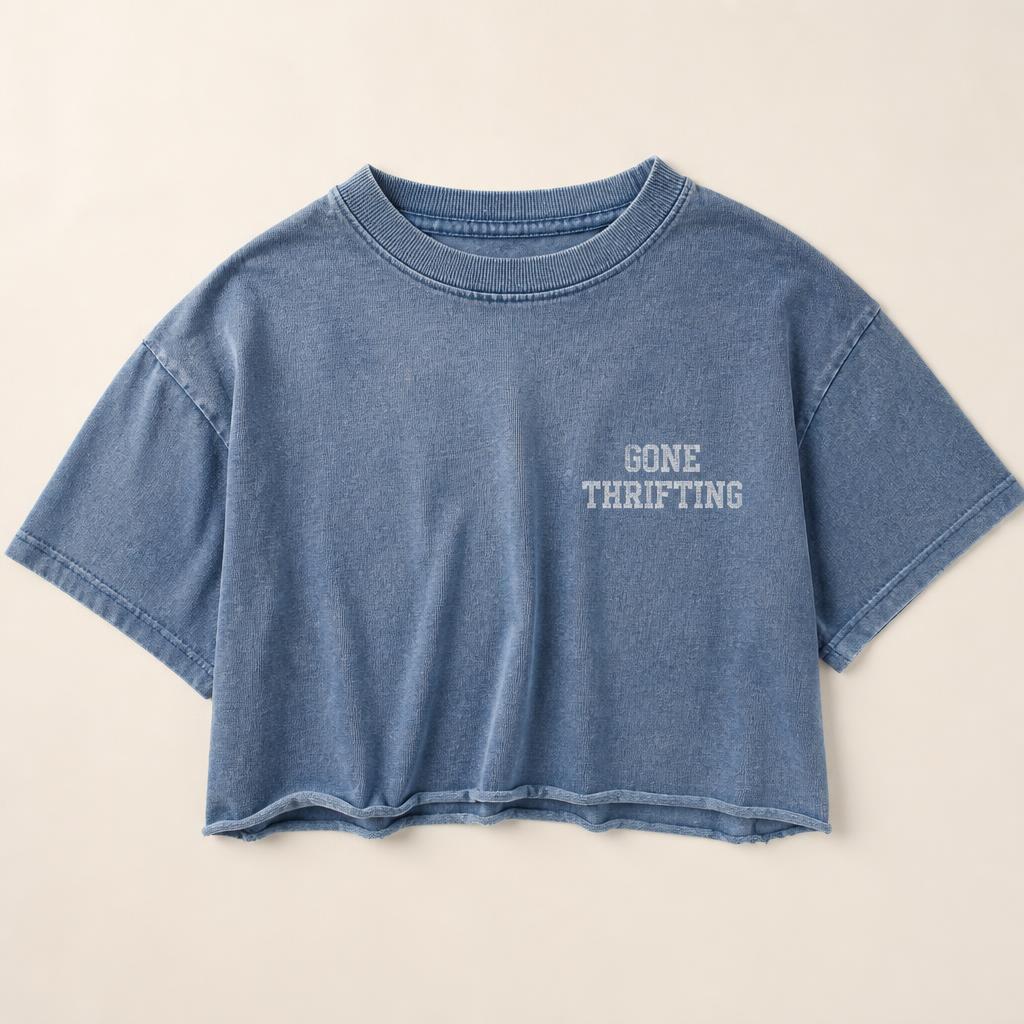 Denim Washed Cropped Tee with Gone Thrifting varsity lettering