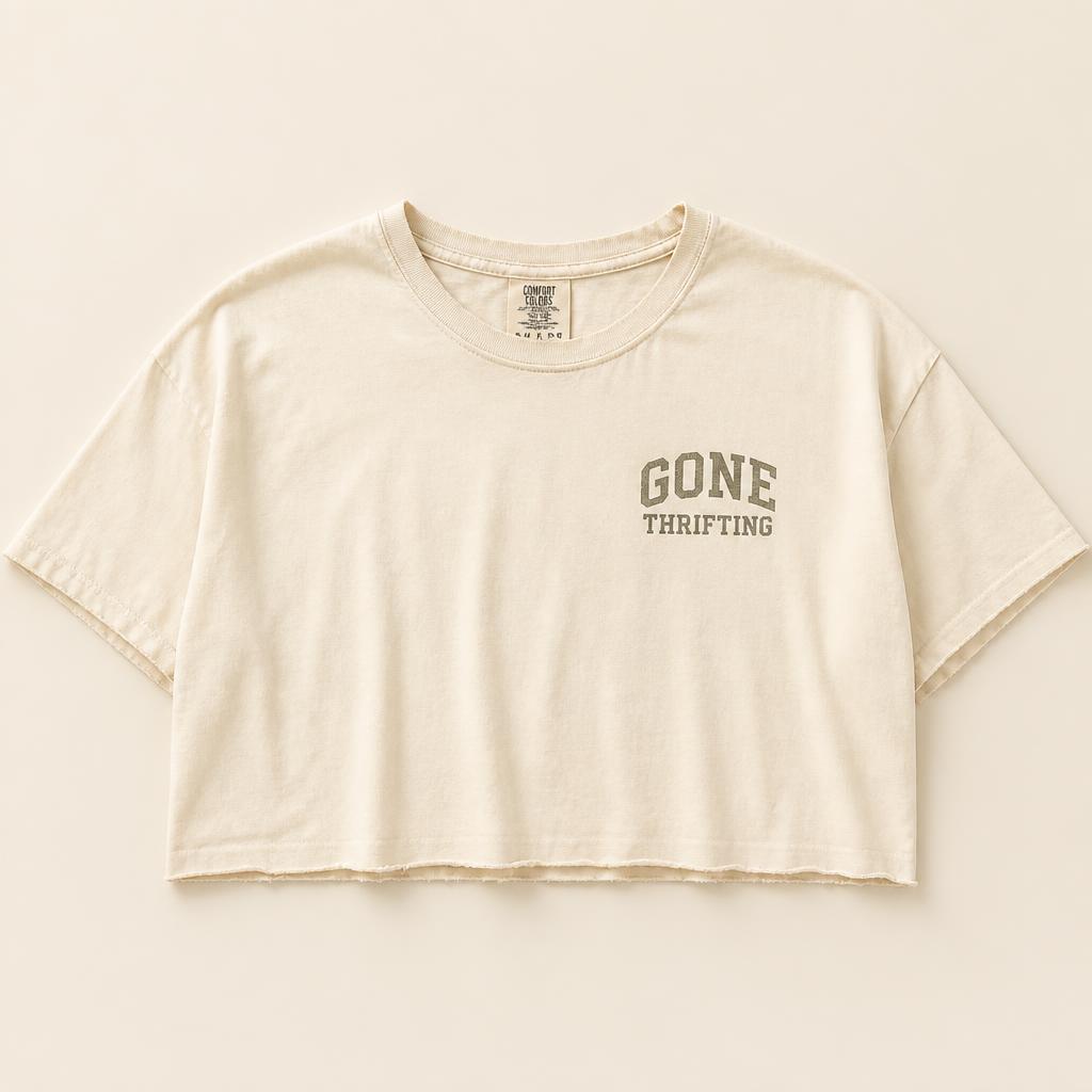 White Washed Cropped Tee with Gone Thrifting varsity lettering